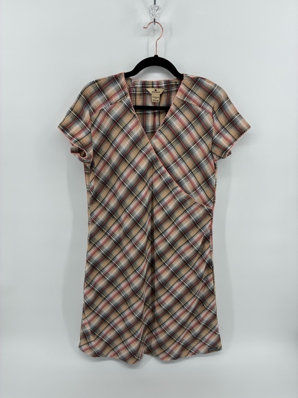 Woolrich Plaid Short Sleeve Wrap Chest Dress in Cream and Brown